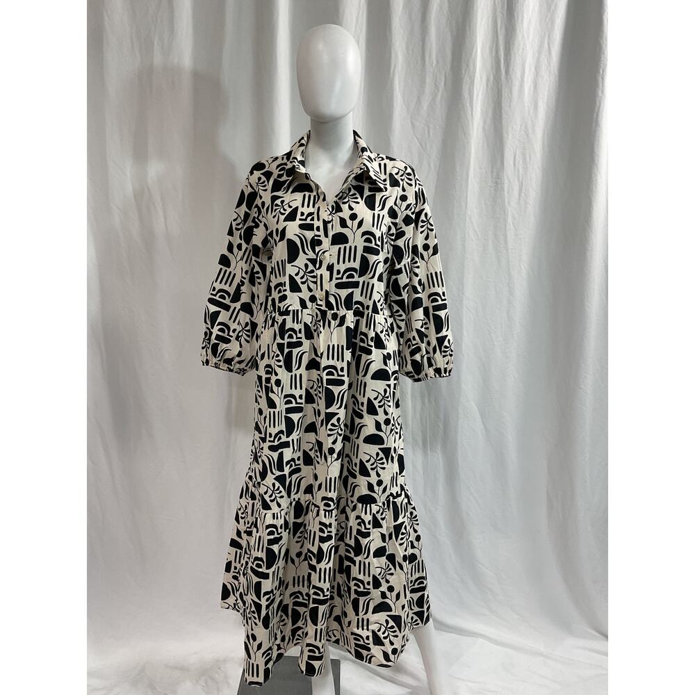 Maeve Cream and Black Abstract Print Midi Dress - Picture 2 of 5